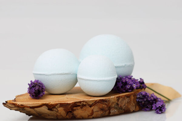 3 Single SugarBush Lavendar and Neroli Bathbombs image with timber