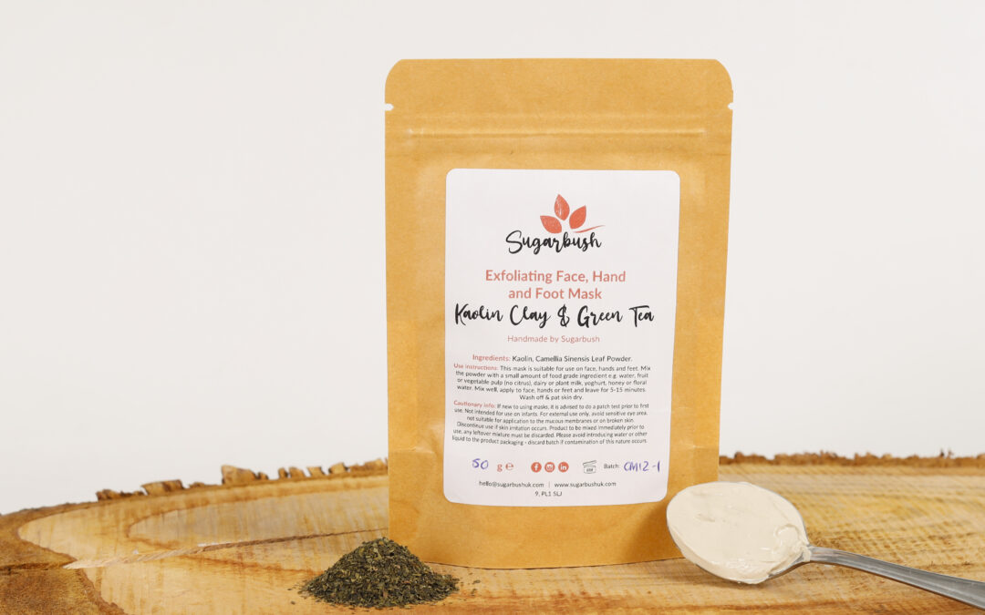 Sugarbush kaolin and green tea exfoliating mask powder in packaging